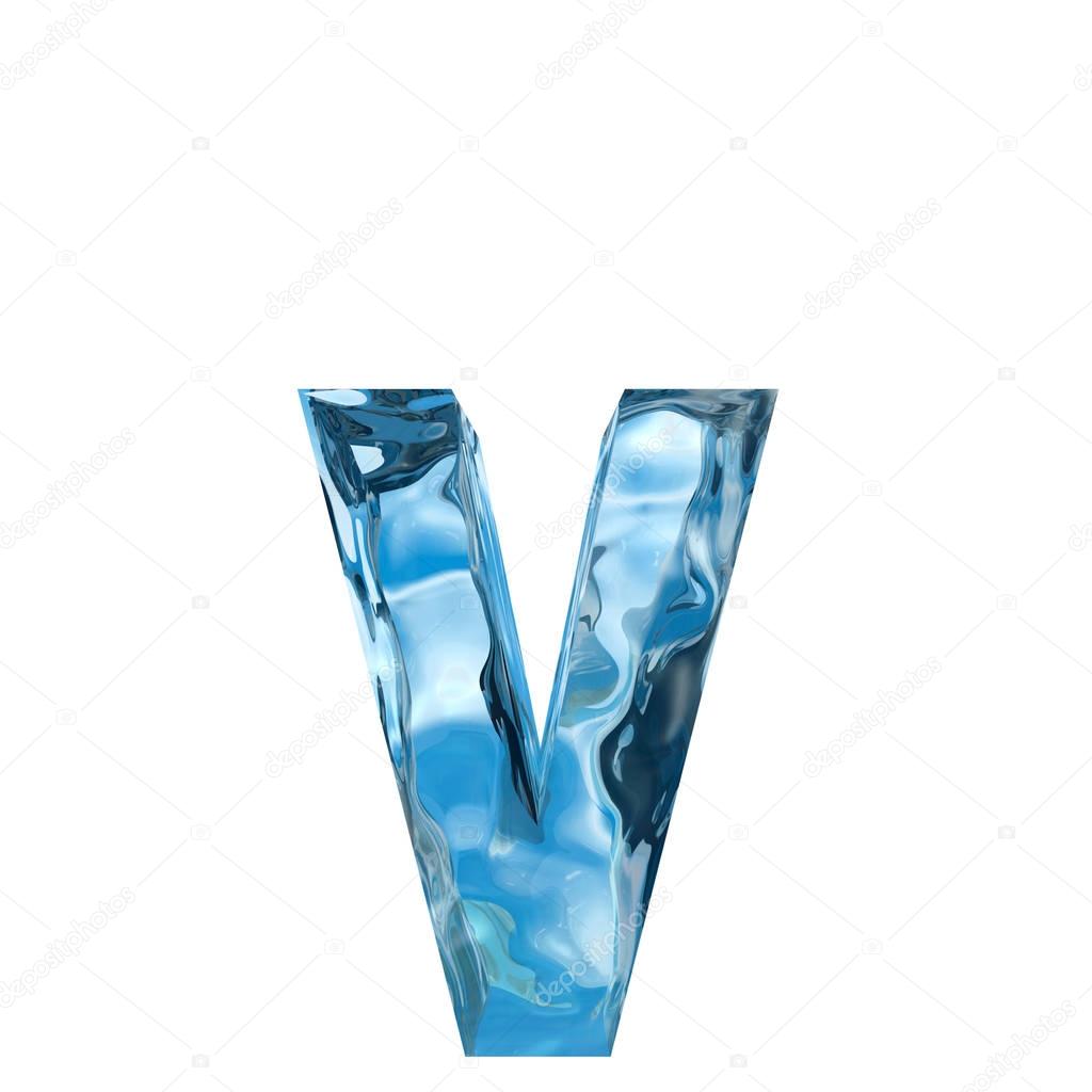 Conceptual decorative blue cool crystal of frozen liquid letter v, winter season font 