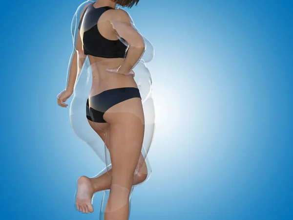 Mujer Obesa Con Sobrepeso Grasa Conceptual Con Cuerpo Sano Forma — Foto de Stock