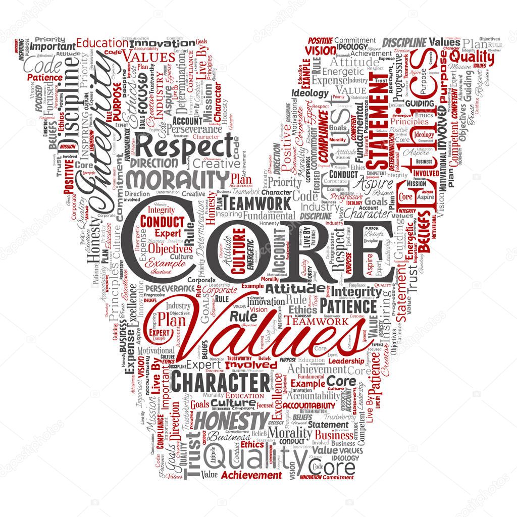 conceptual core values word cloud in form of letter font V