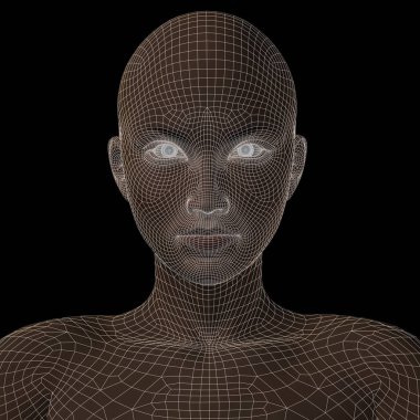 genç insan yüzü koyu arka plan üzerinde kavramsal 3d tel kafes 