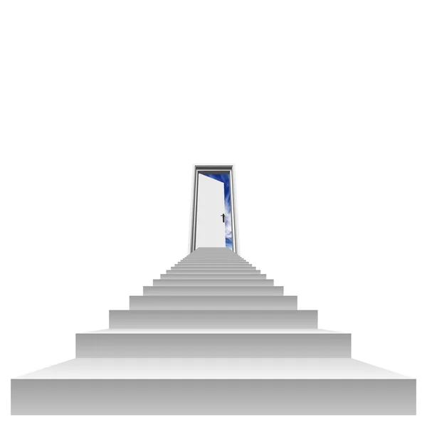 概念3D 楼梯与开放的门到天堂隔离白色背景 — 图库照片