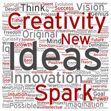 Kavram ya da kavramsal yaratıcı yeni fikirler ya da arka plan üzerinde izole beyin fırtınası kelime bulutu 