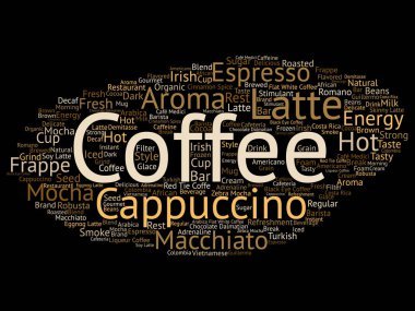 Kavram kavramsal yaratıcı sıcak kahve, cappuccino veya espresso kelime bulutu 