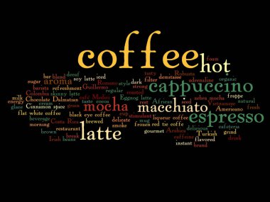 Kavram kavramsal yaratıcı sıcak kahve, cappuccino veya espresso soyut kelime bulutu siyah arka plan üzerine