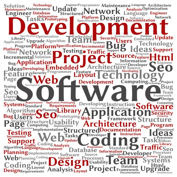 Concept Conceptuele Software Ontwikkelingsproject Coderen Technologie Word Cloud Geïsoleerd Achtergrond — Stockvector