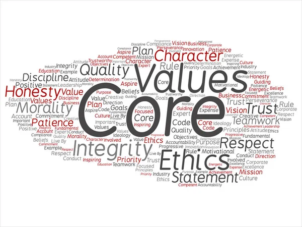 Valori Fondamentali Concettuali Integrità Etica Concetto Parola Cloud Isolato Background — Vettoriale Stock