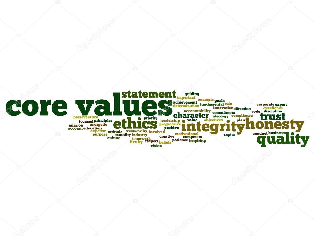 Conceptual core values integrity ethics concept word cloud isolated on background
