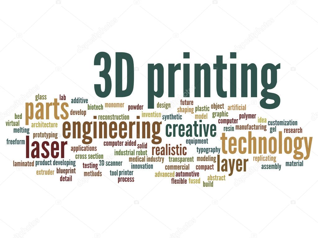 Concept or conceptual 3D printing creative laser technology word cloud isolated on background