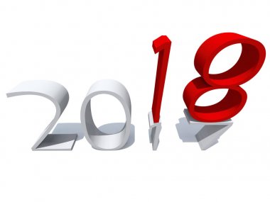 2018 beyaz ve kırmızı mutlu yeni yıl arifesi, tatil sembolü veya 2017 metin beyaz kar arka plan üzerinde izole numaraya soyut. Saat değişikliği, mevsim ya da umut 3d çizim için gelecekteki metafor kutlama
