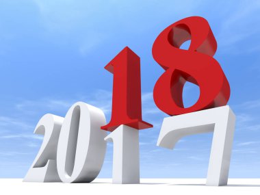 2018 beyaz ve kırmızı mutlu yeni yıl arifesi, tatil sembolü veya 2017 metin beyaz kar ve gökyüzü arka planda numaraya soyut. Saat değişikliği, mevsim ya da umut 3d çizim için gelecekteki metafor kutlama