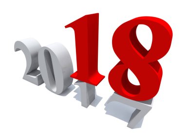 2018 beyaz ve kırmızı mutlu yeni yıl arifesi, tatil sembolü veya 2017 metin beyaz kar arka plan üzerinde izole numaraya soyut. Saat değişikliği, mevsim ya da umut 3d çizim için gelecekteki metafor kutlama