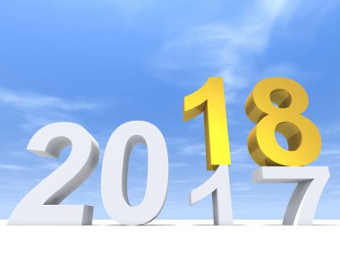 2018 beyaz ve sarı altın mutlu yeni yıl arifesi, tatil sembolü veya 2017 metin, beyaz kar ve gökyüzü arka plan numaraya soyut. Zaman kutlama sezon değiştirmek veya 3d çizim umut için gelecekteki metafor