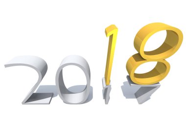 2018 beyaz ve sarı altın soyut mutlu yeni yıl arifesi, tatil sembolü veya numaraya 2017 metin, arka plan beyaz kar izole. Zaman kutlama sezon değiştirmek veya 3d çizim umut için gelecekteki metafor