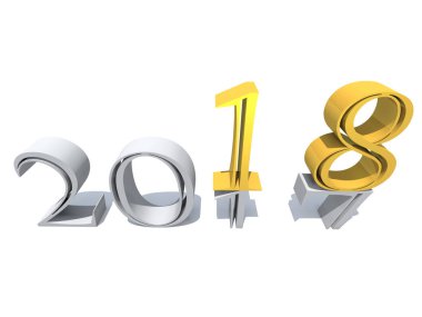 2018 beyaz ve sarı altın soyut mutlu yeni yıl arifesi, tatil sembolü veya numaraya 2017 metin, arka plan beyaz kar izole. Zaman kutlama sezon değiştirmek veya 3d çizim umut için gelecekteki metafor