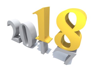 2018 beyaz ve sarı altın soyut mutlu yeni yıl arifesi, tatil sembolü veya numaraya 2017 metin, arka plan beyaz kar izole. Zaman kutlama sezon değiştirmek veya 3d çizim umut için gelecekteki metafor