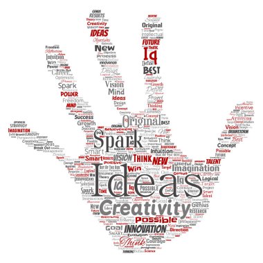 Conceptual creative idea brainstorming human hand print stamp word cloud isolated background. Collage of spark creativity original, innovation vision, think, achievement or smart genius concept clipart