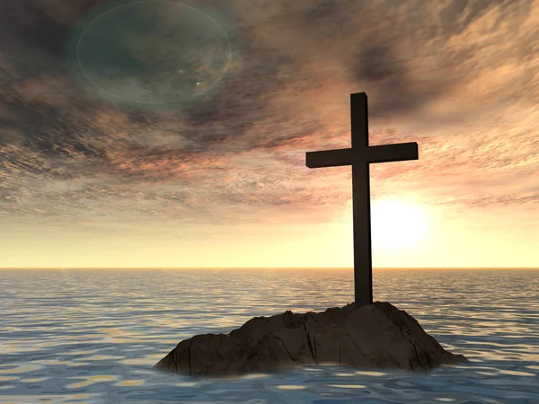 概念または概念の イラスト海や美しい夕焼け空に海の岩の上に立って十字キリスト教 — ストック写真