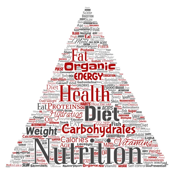Konzeptionelle Ernährung Gesundheit Ernährung Dreieck Pfeil Wort Wolke Isolierten Hintergrund — Stockfoto