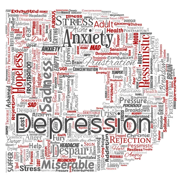 Conceptual depression or mental emotional disorder problem letter font D word cloud isolated background. Collage of anxiety sadness, negative sad, despair, unhappy, frustration symptom