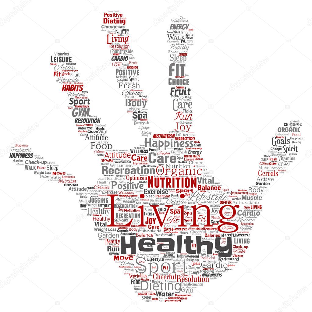 Conceptual healthy living positive nutrition sport hand print stamp word cloud isolated background. Collage of happiness care, organic, recreation workout, beauty, vital healthcare spa concept