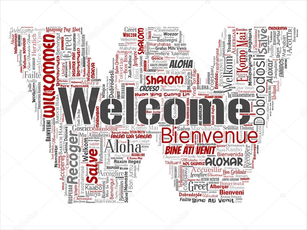 Conceptual abstract welcome or greeting international letter font W word cloud in different languages or multilingual. Collage of world, foreign, worldwide travel translate, vacation tourism