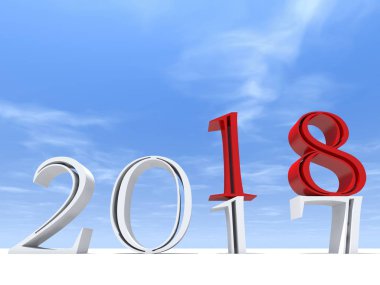 Mavi gökyüzü, 3d çizim önce 2018 beyaz ve kırmızı yeni yıl arifesi