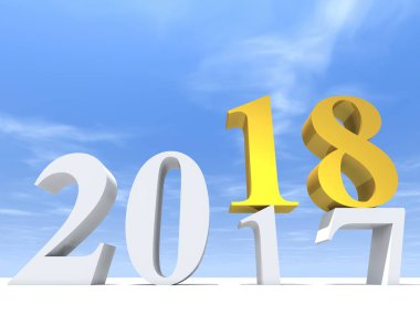 Mavi gökyüzü, 3d çizim önce 2018 beyaz ve sarı altın yeni yıl arifesi