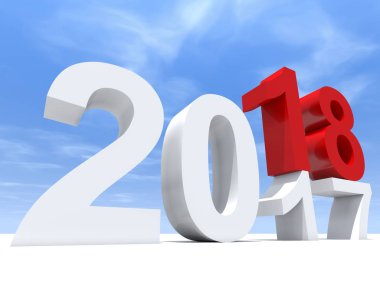 Mavi gökyüzü, 3d çizim önce 2018 beyaz ve kırmızı yeni yıl arifesi