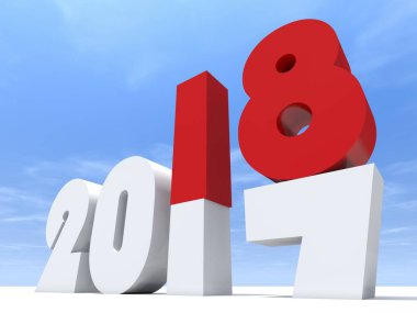 Mavi gökyüzü, 3d çizim önce 2018 beyaz ve kırmızı yeni yıl arifesi