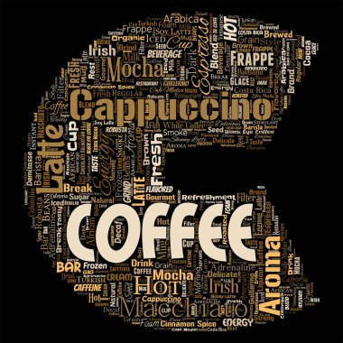Kavramsal yaratıcı sıcak sabah İtalyan kahve molası cappuccino veya espresso restoran veya kafeterya mektup yazı tipi C içecek izole bulut kelime. Enerji ya da tat içecek konsepti metin bir sıçrama