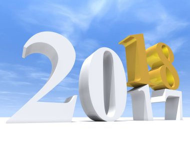 Mavi gökyüzü, 3d çizim önce 2018 beyaz ve sarı altın yeni yıl arifesi