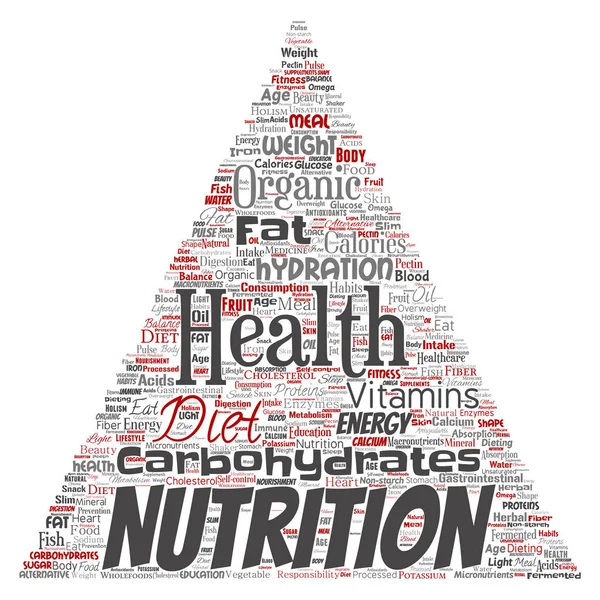 Konzeptionelle Ernährung Gesundheit Ernährung Dreieck Pfeil Wort Wolke Isolierten Hintergrund — Stockfoto
