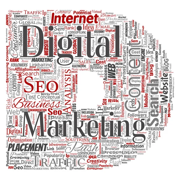 Concetto Concettuale Marketing Digitale Seo Traffico Lettera Font Parola Nube — Foto Stock