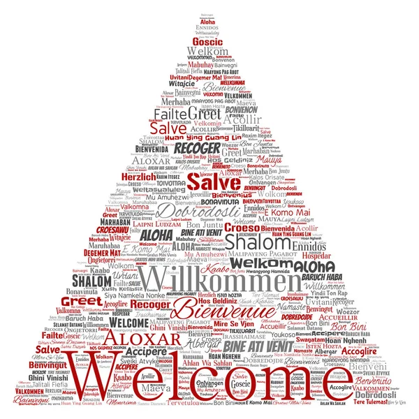 Conceptual abstract welcome or greeting international triangle arrow word cloud in different languages or multilingual. Collage of world, foreign, worldwide travel translate, vacation tourism