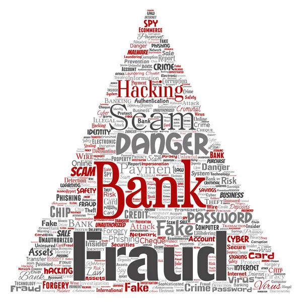 Conceptual bank fraud payment scam danger triangle arrow word cloud isolated background. Collage of password hacking, virus fake authentication, illegal transaction or identity theft concept