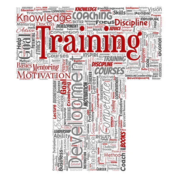 Conceptual training, coaching or learning, study letter font T word cloud isolated on background. Collage of mentoring, development, motivation skills, career, potential goals or competence