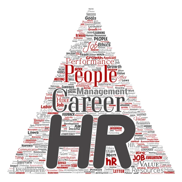 Concept conceptual hr or human resources career management triangle arrow word cloud isolated background. Collage of workplace, development, hiring success, competence goal, corporate or job