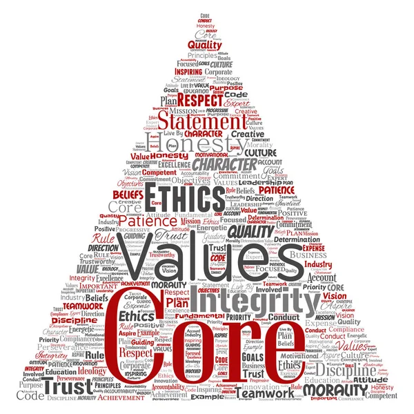 Conceptual core values integrity ethics triangle arrow concept word cloud isolated background. Collage of honesty quality trust, statement, character, perseverance, respect and trustworthy