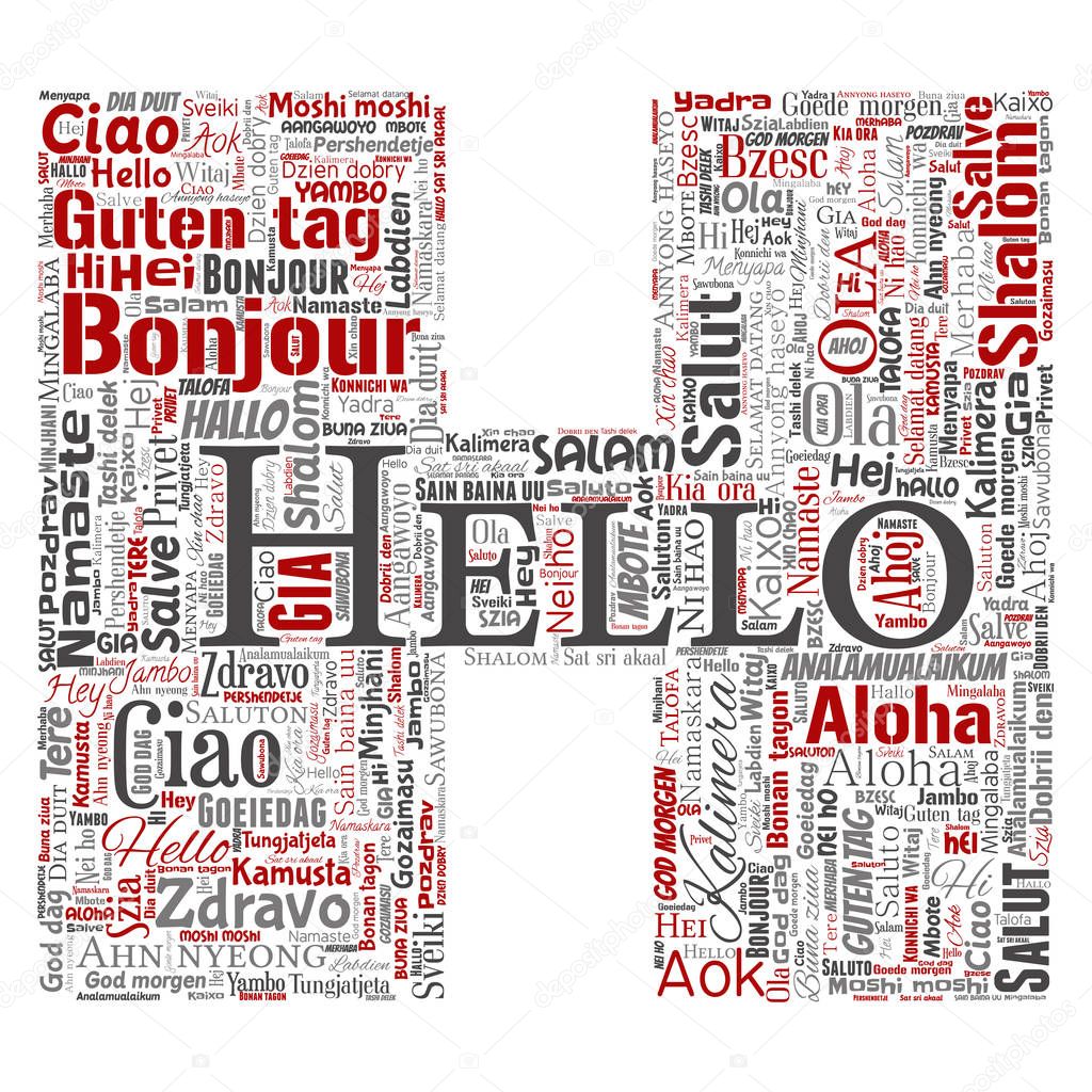Concept or conceptual letter font H hello or greeting international tourism word cloud in different languages or multilingual. Collage of world, foreign, worldwide travel translate, vacation