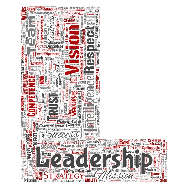 Vector conceptual business leadership strategy, management value letter font L word cloud isolated background. Collage of success, achievement, responsibility, intelligence authority or competence