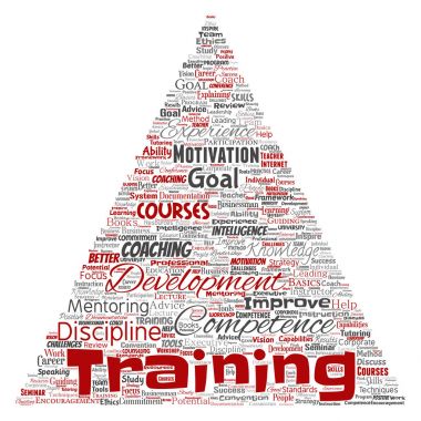 Conceptual training, coaching or learning, study triangle arrow word cloud isolated on background. Collage of mentoring, development, motivation skills, career, potential goals or competence clipart
