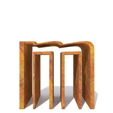 Kavramsal eski paslı metal yazı tipi veya beyaz izole türü, demir veya çelik sanayi parça.