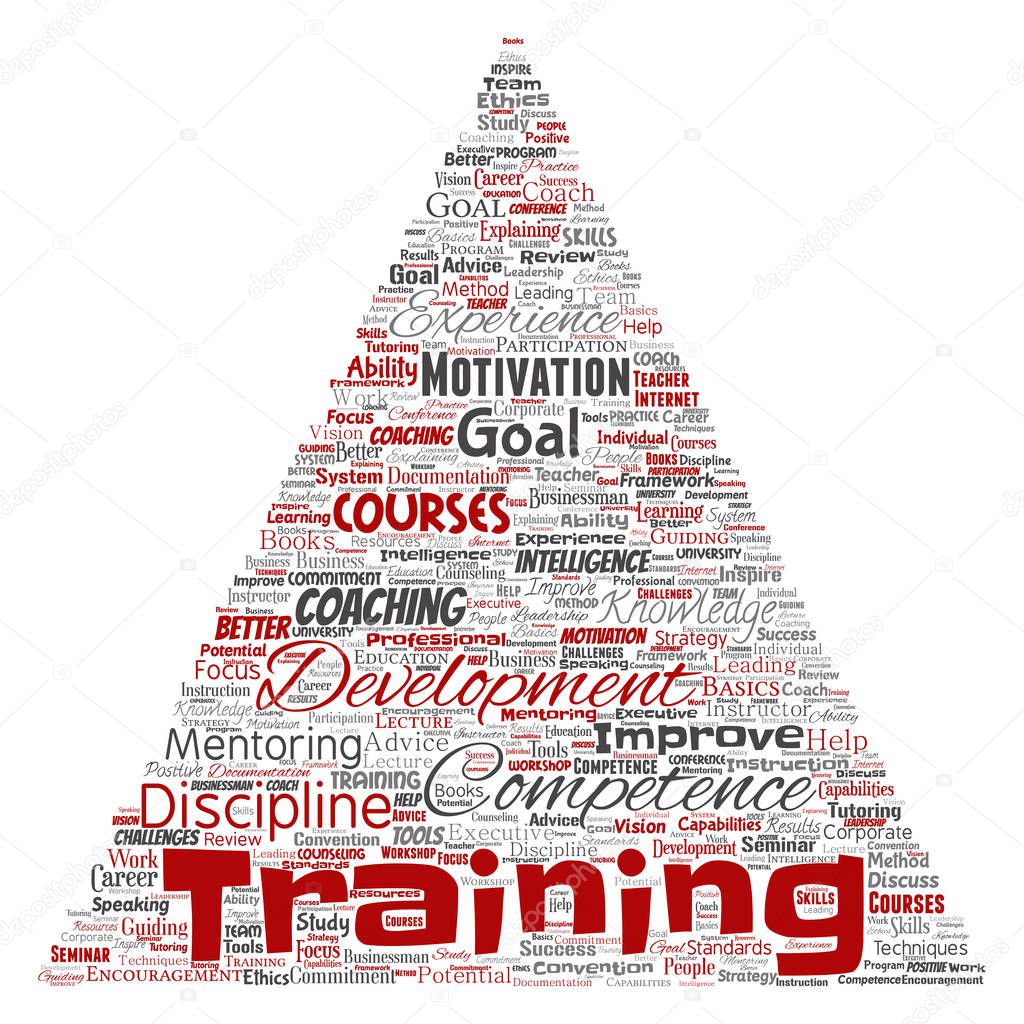 Conceptual training, coaching or learning, study triangle arrow word cloud isolated on background. Collage of mentoring, development, motivation skills, career, potential goals or competence