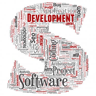 Vektör kavramsal yazılım geliştirme projesi teknoloji mektup S yazı tipi word bulut kodlama arka plan izole. Uygulama web tasarım, seo fikir, uygulama, test yükseltme kavramı kolaj