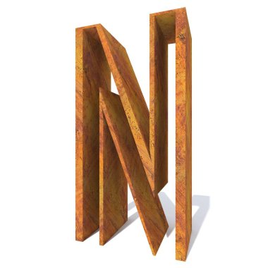 Kavramsal eski paslı metal yazı tipi veya türü, demir veya çelik parça izole beyaz arka plan. paslı malzeme, yaşlı vintage yüzey, 3d örnek olarak yıpranmış zarar görmüş harf n