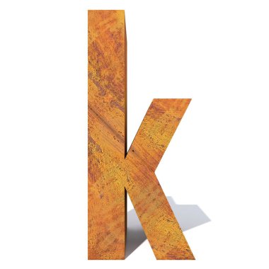 Kavramsal eski paslı metal yazı tipi veya türü, demir veya çelik parça izole beyaz arka plan. paslı malzeme, yaşlı vintage yüzey, 3d örnek olarak yıpranmış zarar görmüş harf k