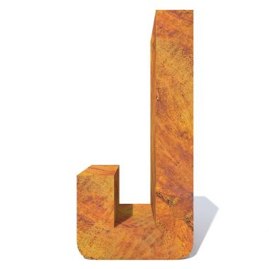 Kavramsal eski paslı metal yazı tipi veya türü, demir veya çelik parça izole beyaz arka plan. paslı malzeme, yaşlı vintage yüzey, 3d örnek olarak yıpranmış zarar görmüş harf j