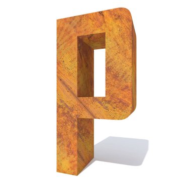 Kavramsal eski paslı metal yazı tipi veya türü, demir veya çelik parça izole beyaz arka plan. paslı malzeme, yaşlı vintage yüzey, yıpranmış zarar görmüş mektup p 3d örnek olarak