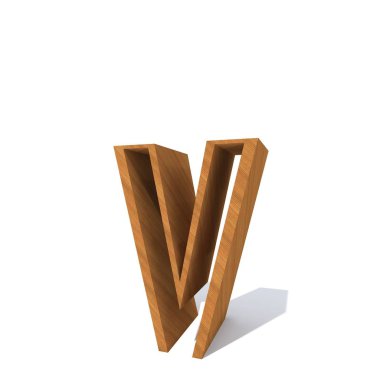 Kavramsal ahşap kahverengi yazı tipi, beyaz arka plan üzerinde izole ahşap parça. Eğitici malzeme, pürüzsüz yüzey çam harf v 3d örnek olarak