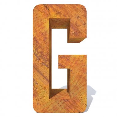 Kavramsal eski paslı metal yazı tipi veya türü, demir veya çelik parça izole beyaz arka plan. paslı malzeme, yaşlı vintage yüzey, yıpranmış zarar görmüş mektup g 3d örnek olarak